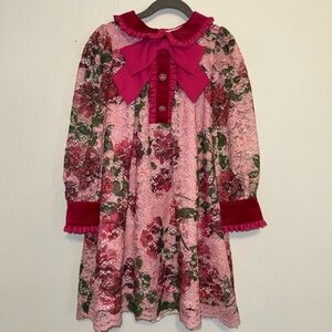 PATACHOU Girls Pink Floral Lace & Velvet Dress 6 Yrs Rhinestone Buttons